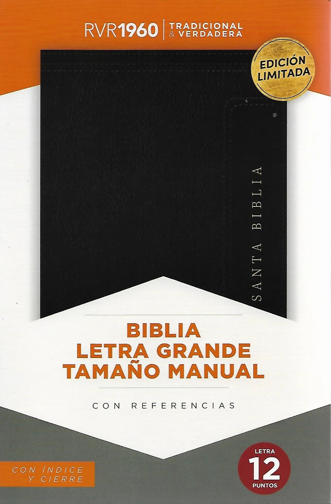 Biblia Letra Grande Tamaño Manual 12 Puntos, Cierre | Simil Piel Negro Con Indic