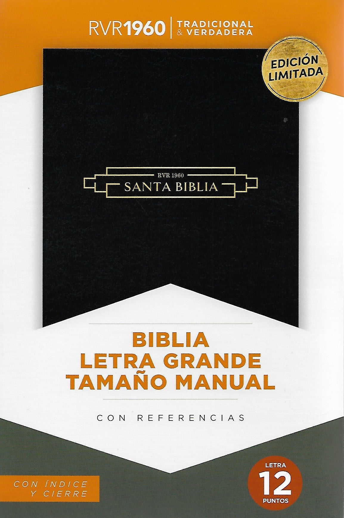 Biblia letra grande tamano manual 12 Puntos, Simil Piel Negro con indice y cierr