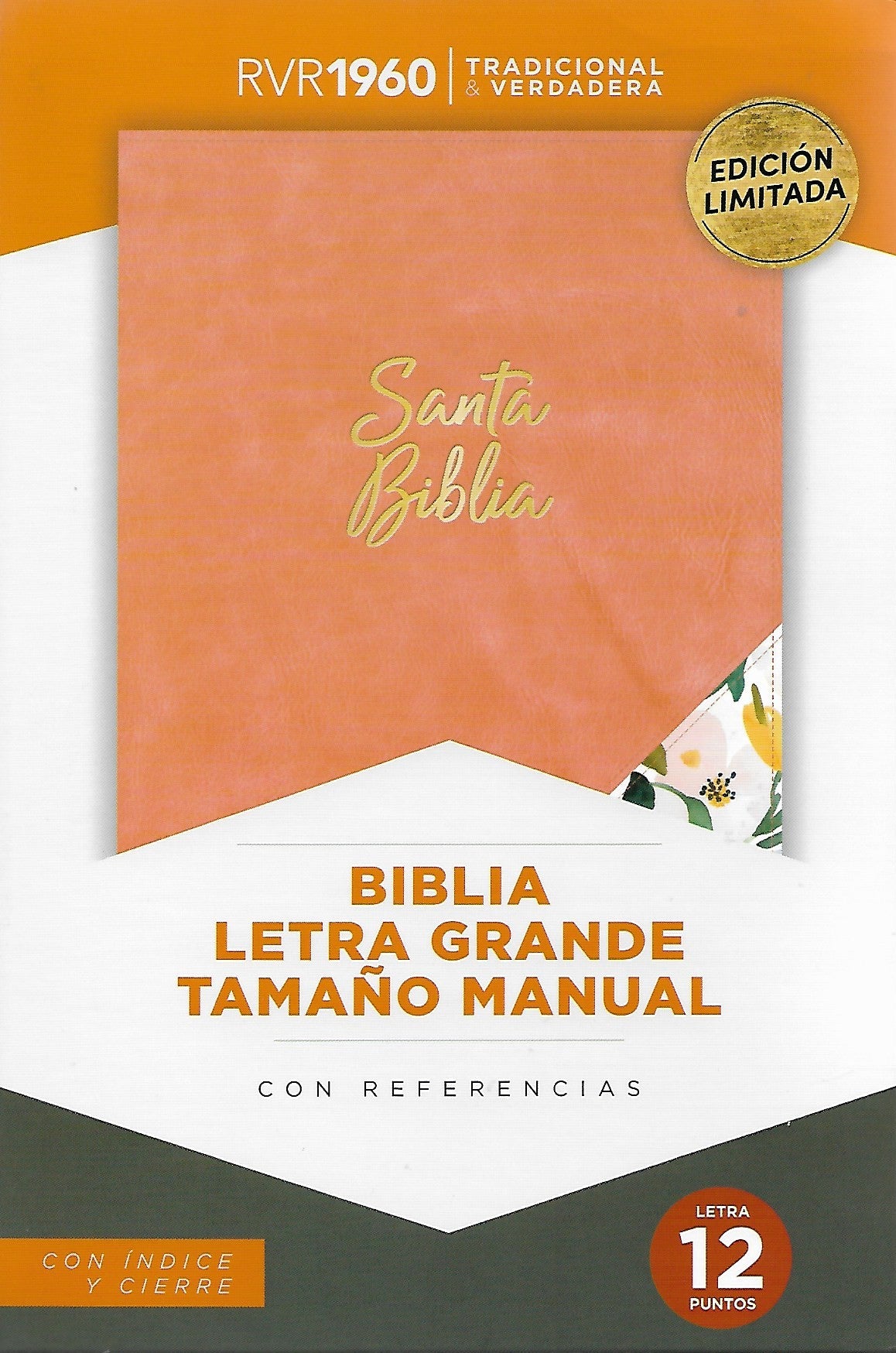Biblia letra grande tamano manual 12 Puntos, Simil Piel Caramelo Floral con indi