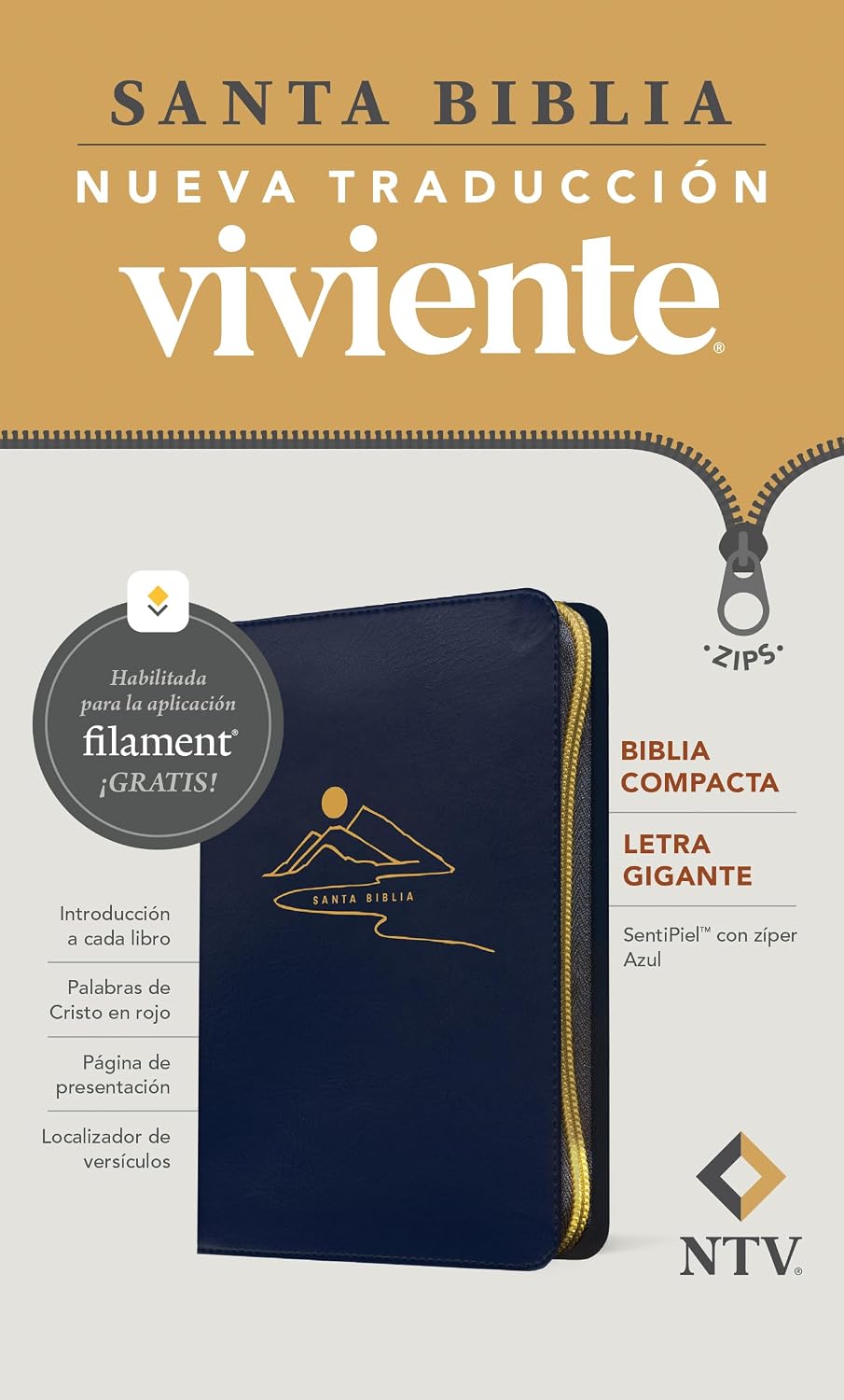 Biblia compacta NTV, Letra Gigante de zíper con Filament   SentiPiel, Azul, Letr