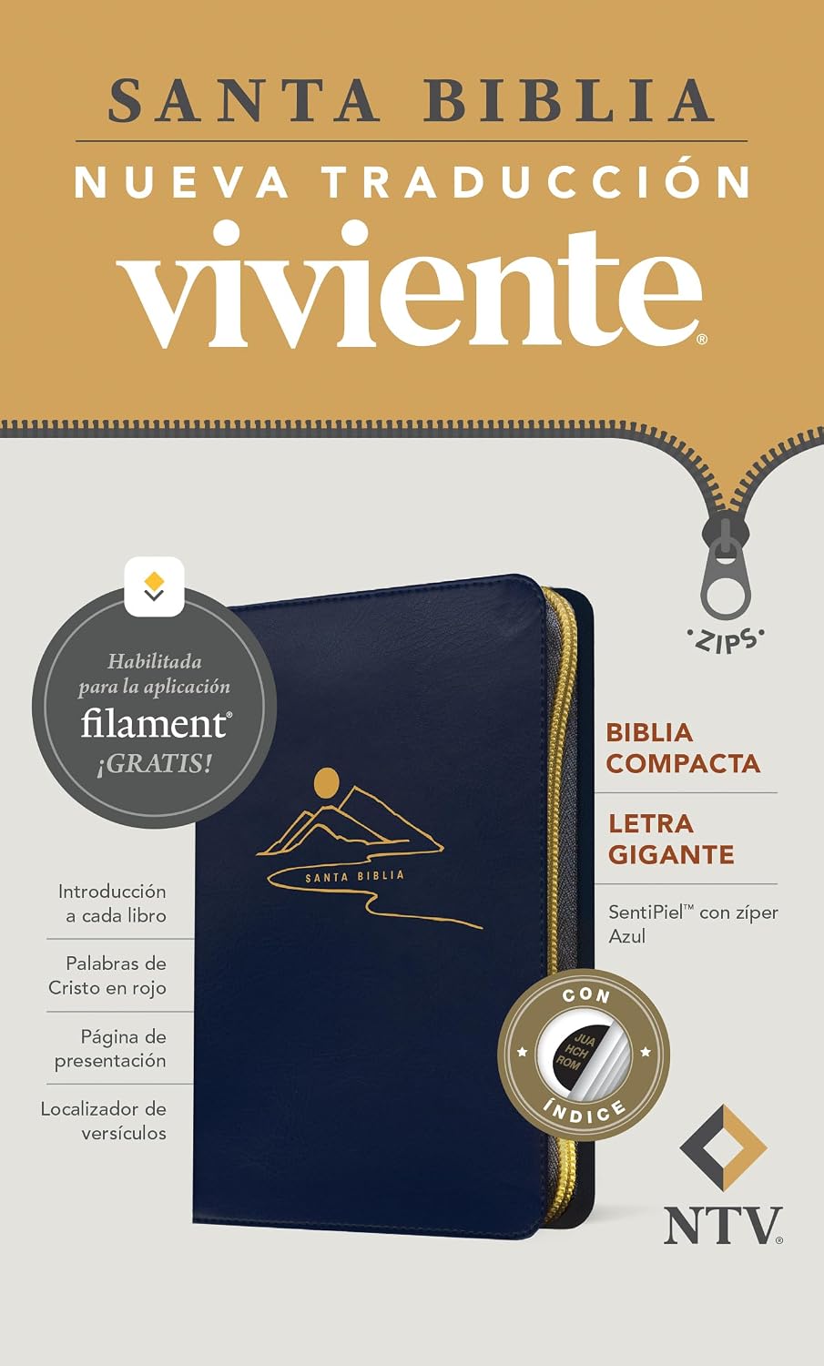 Biblia compacta NTV, letra gigante de zíper con Filament ,SentiPiel, Azul, Índice, Letra Roja