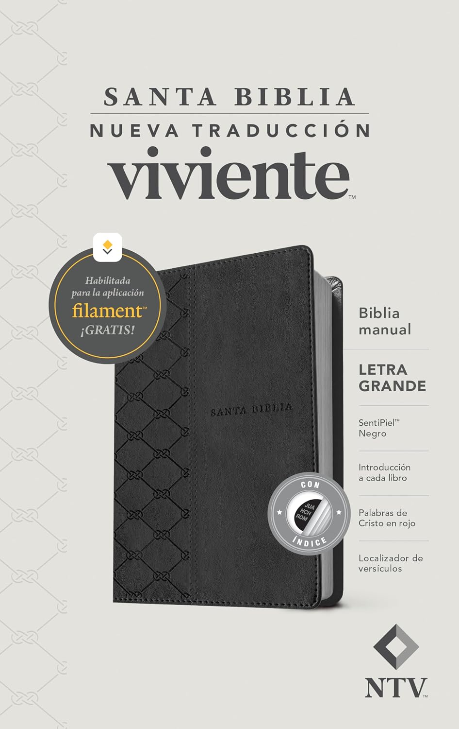 Biblia manual NTV, letra grande con Filament ,SentiPiel, Negro, Índice, Letra Roja
