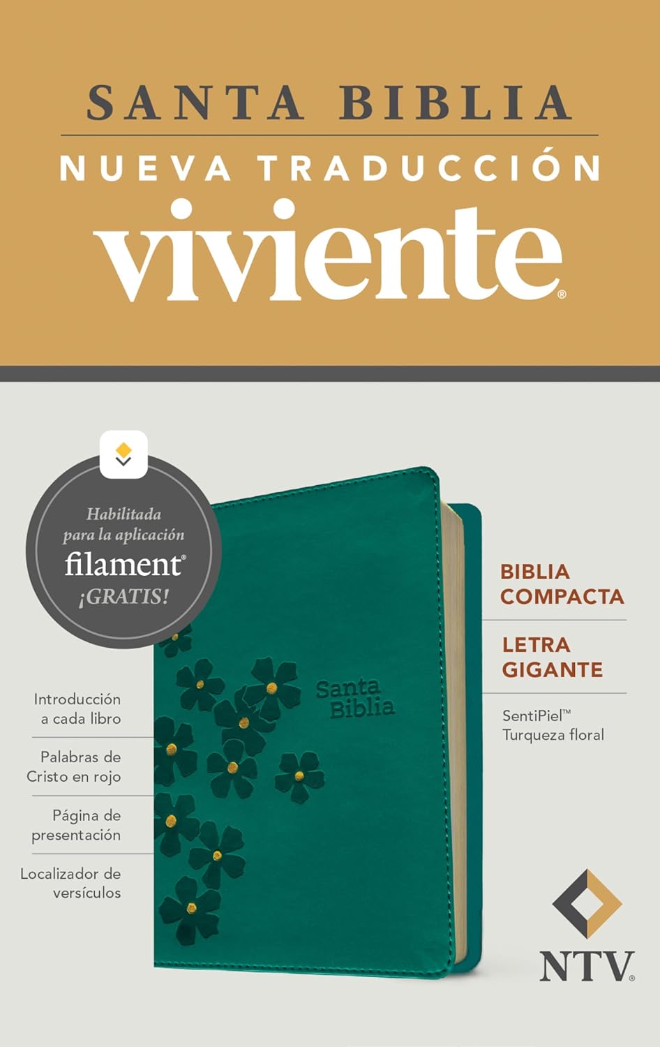 Biblia compacta NTV, letra gigante con Filament ,SentiPiel, Turquesa floral, Letra Roja