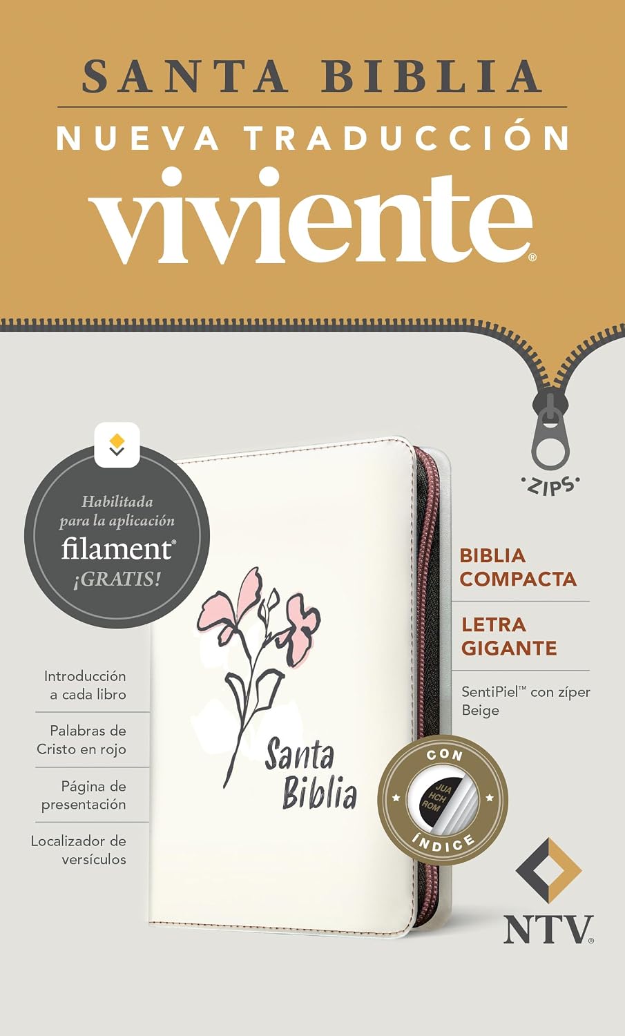 Biblia Compacta NTV, Letra Gigante de zíper con Filament   SentiPiel, Beige, Índ