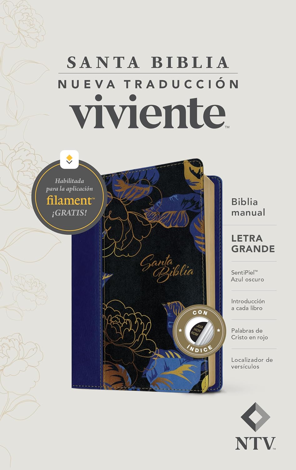 Biblia manual NTV, letra grande con Filament ,SentiPiel, Azul oscuro, Índice, Letra Roja