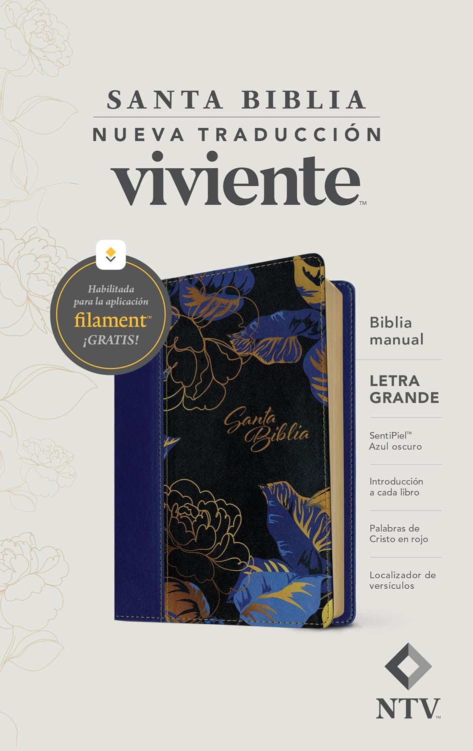 Biblia manual NTV, letra grande con Filament (SentiPiel, Azul oscuro, Letra Roja