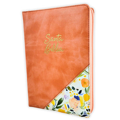 Biblia letra grande tamano manual 12 Puntos, Simil Piel Caramelo Floral con indi