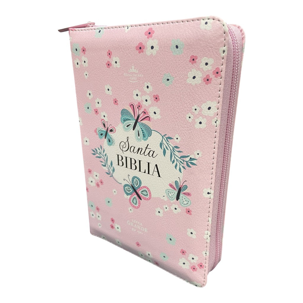Biblia Letra Grande Compacta 10 Puntos RVR 1960, Imitacion Piel Rosa Mariposas, Con Cierre e Indice
