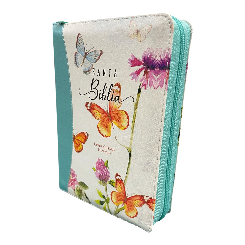 Biblia Letra Gigante RVR 1960, 11 PTS. Imitacion Piel Turquesa Mariposas, con indice y cierre