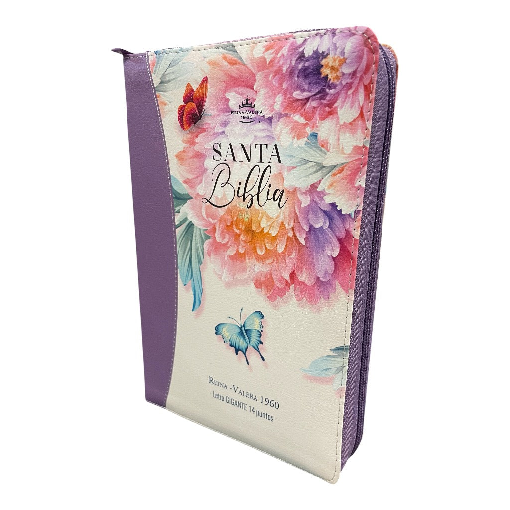 Biblia Letra Gigante 14 Puntos Manual RVR 1960, Imitacion Piel Jardin Lila con Indice y Cierre