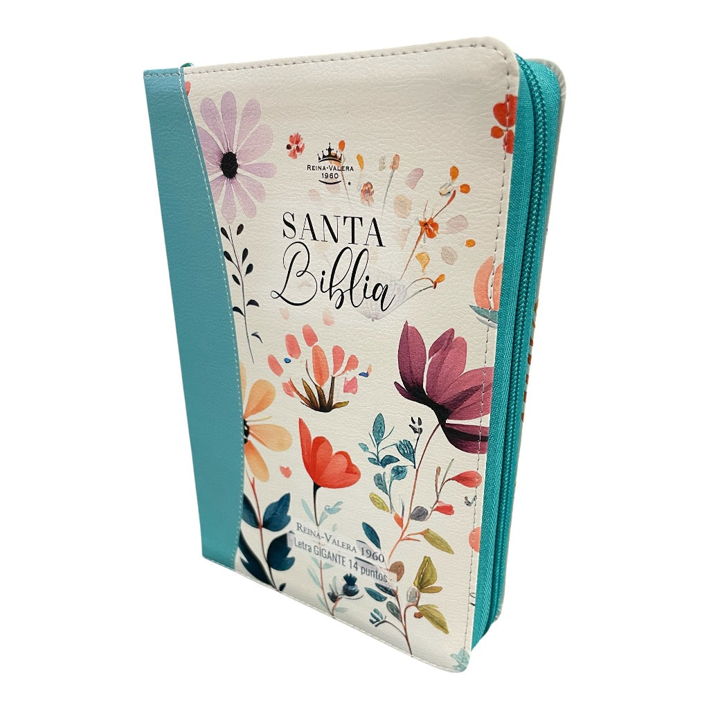 Biblia Letra Gigante Manual RVR 1960, 14 Puntos, Imitacion Piel Jardin Turquesa con Indice y Cierre