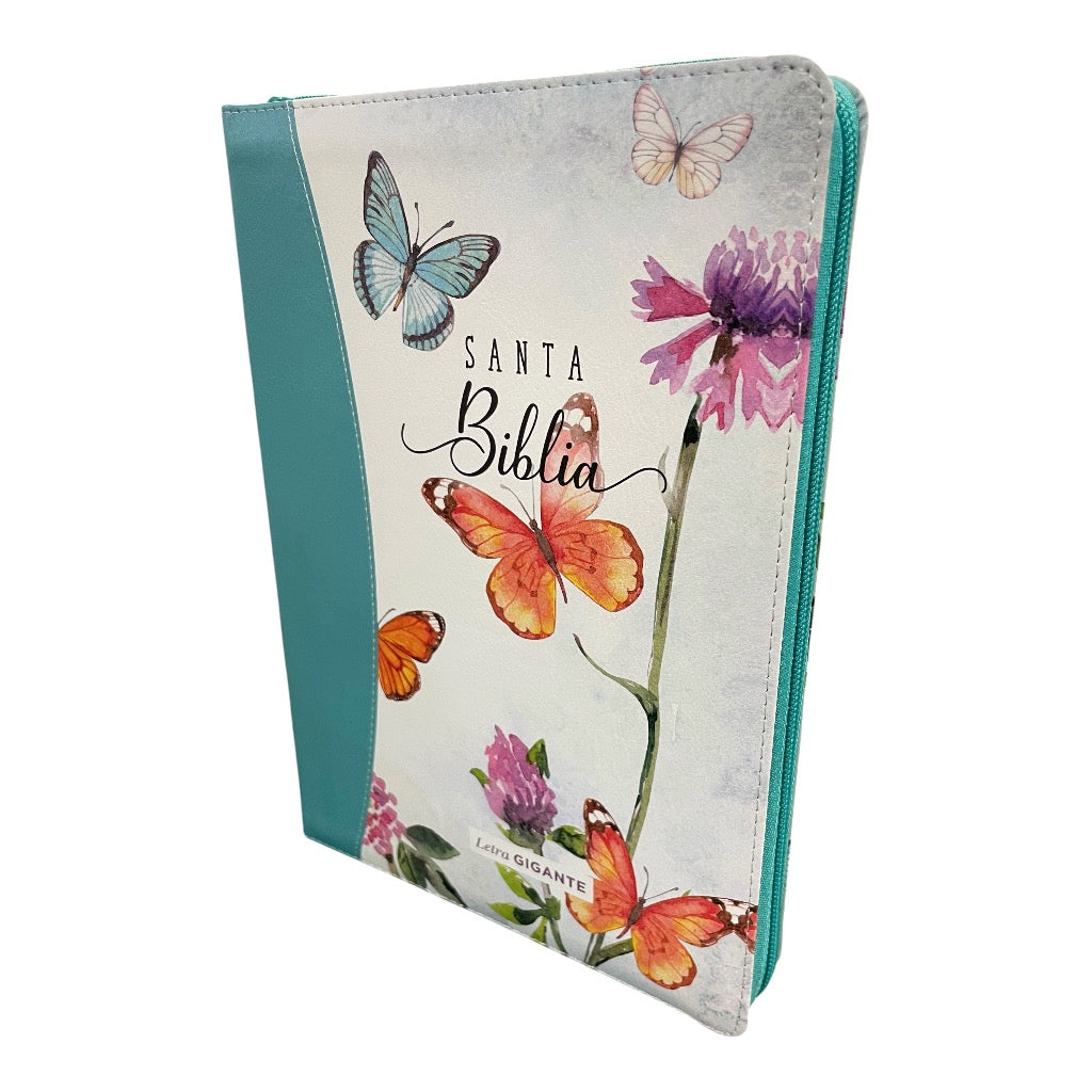 Biblia Letra Gigante RVR 1960, 15 Puntos, Imitacion Piel Mariposa Turquesa con Indice y Cierre