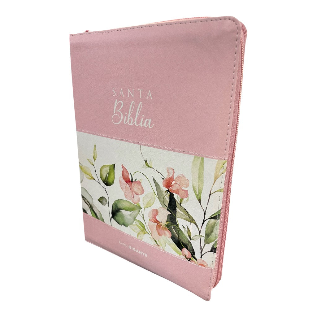 Biblia Letra Gigante 15 Puntos, RVR 1960 | Imitacion Piel Rosado Floral con Indice y Cierre