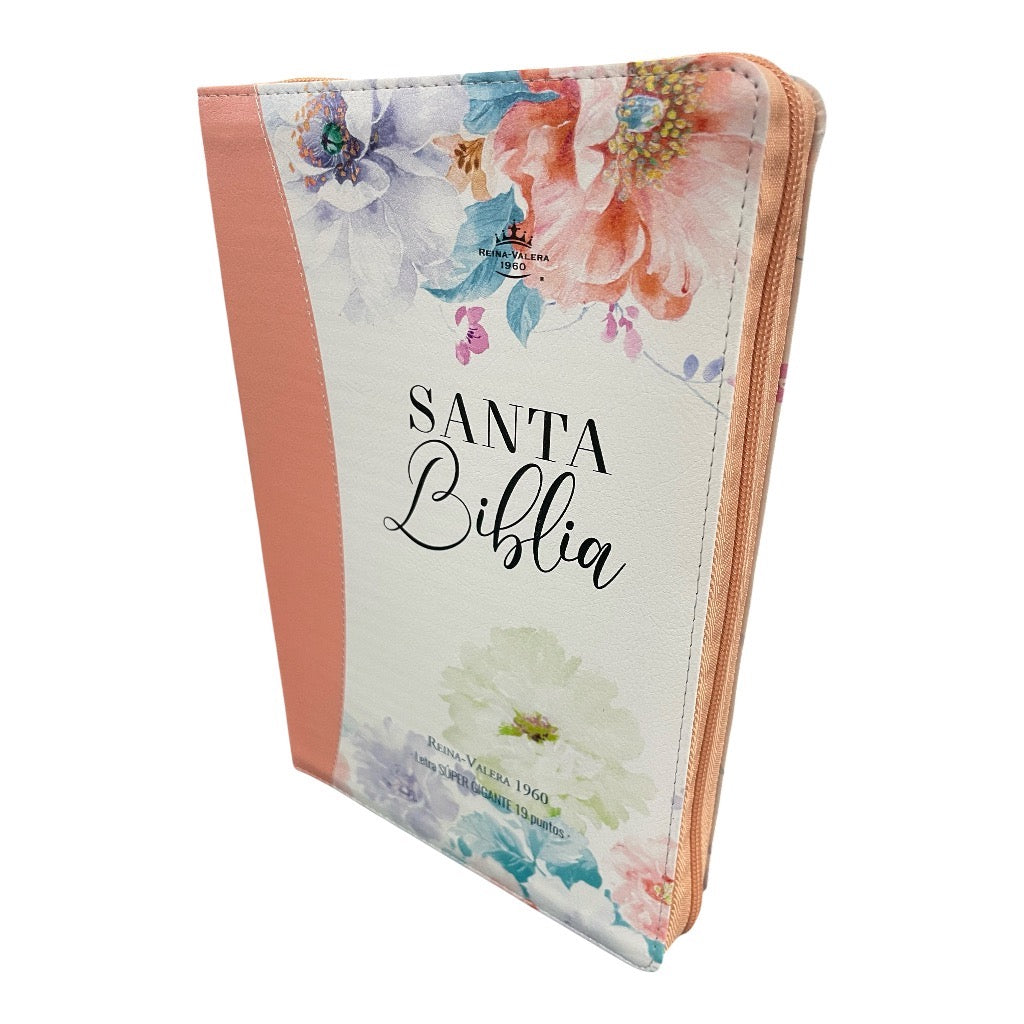 Biblia Letra Super Gigante RVR 1960, 19 Puntos,  Imitacion Piel Jardin Coral con Indice y Cierre