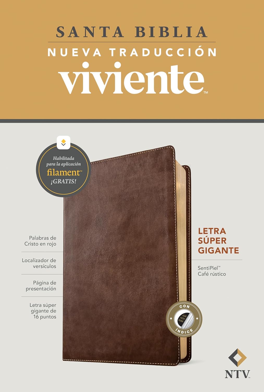 Biblia letra super gigante NTV, con Filament ,SentiPiel, Cafe rustico, Indice, Letra Roja
