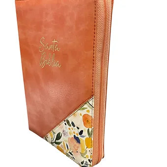 Biblia letra grande tamano manual 12 Puntos, Simil Piel Caramelo Floral con indi