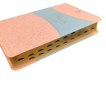 Biblia Letra Grande Tamaño Manual 12 Pts  | Imitacion Piel Rosa-Azul Con Indice