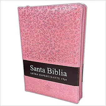 Biblia Letra Supergigante 19Pts con zipper e indice, Piel Dos Tonos Marron-Rosa