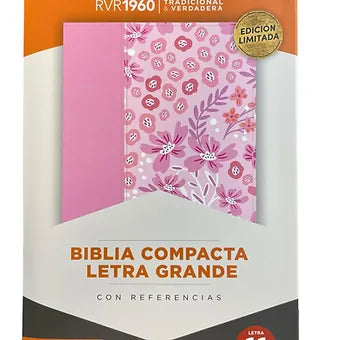 Biblia letra grande 11 Puntos, Simil Piel Rosa-Floral con indice y cierre