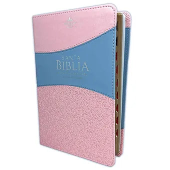 Biblia Letra Grande Tamaño Manual 12 Pts  | Imitacion Piel Rosa-Azul Con Indice