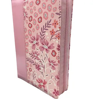 Biblia letra grande 11 Puntos, Simil Piel Rosa-Floral con indice y cierre